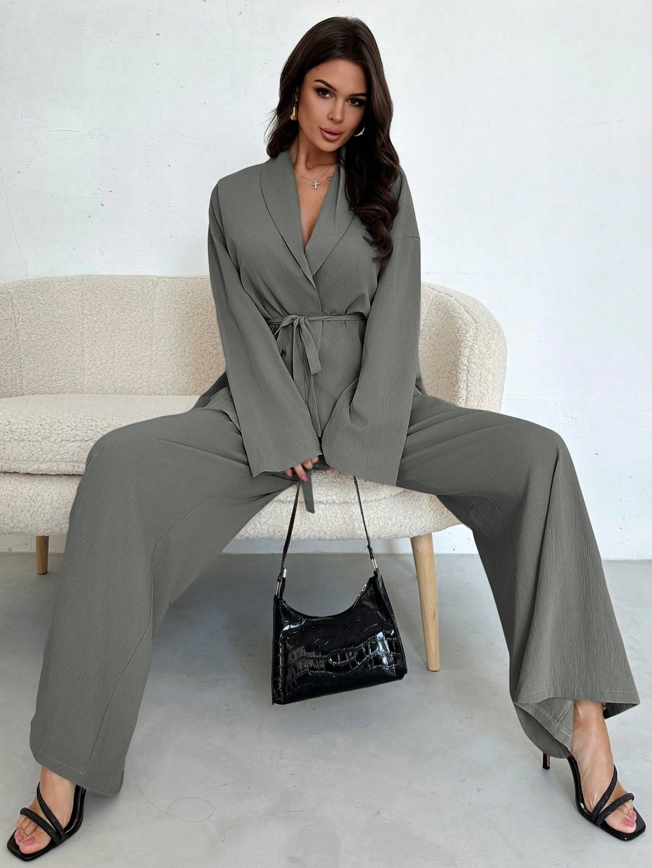 Women Collar Tie Waist Loose Shacket With High Waist Soft Pants