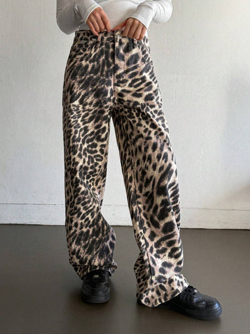 Women's Leopard Print Wide Leg Loose Casual Jeans With Pockets