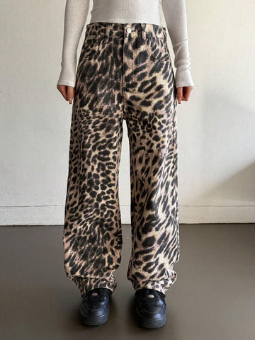 Women's Leopard Print Wide Leg Loose Casual Jeans With Pockets