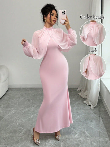 Elenzga Elegant Pearl Beaded Collar Mermaid Dress