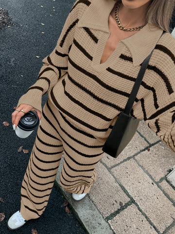 Relaxiva Women's Loose Striped V-Neck Drop Shoulder Long Sleeve Sweater & Elastic Waist Striped Sweatpants