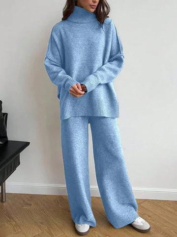 INAWLY 2 Piece Set Women Stand Collar Solid Color Sweater And Long Pants