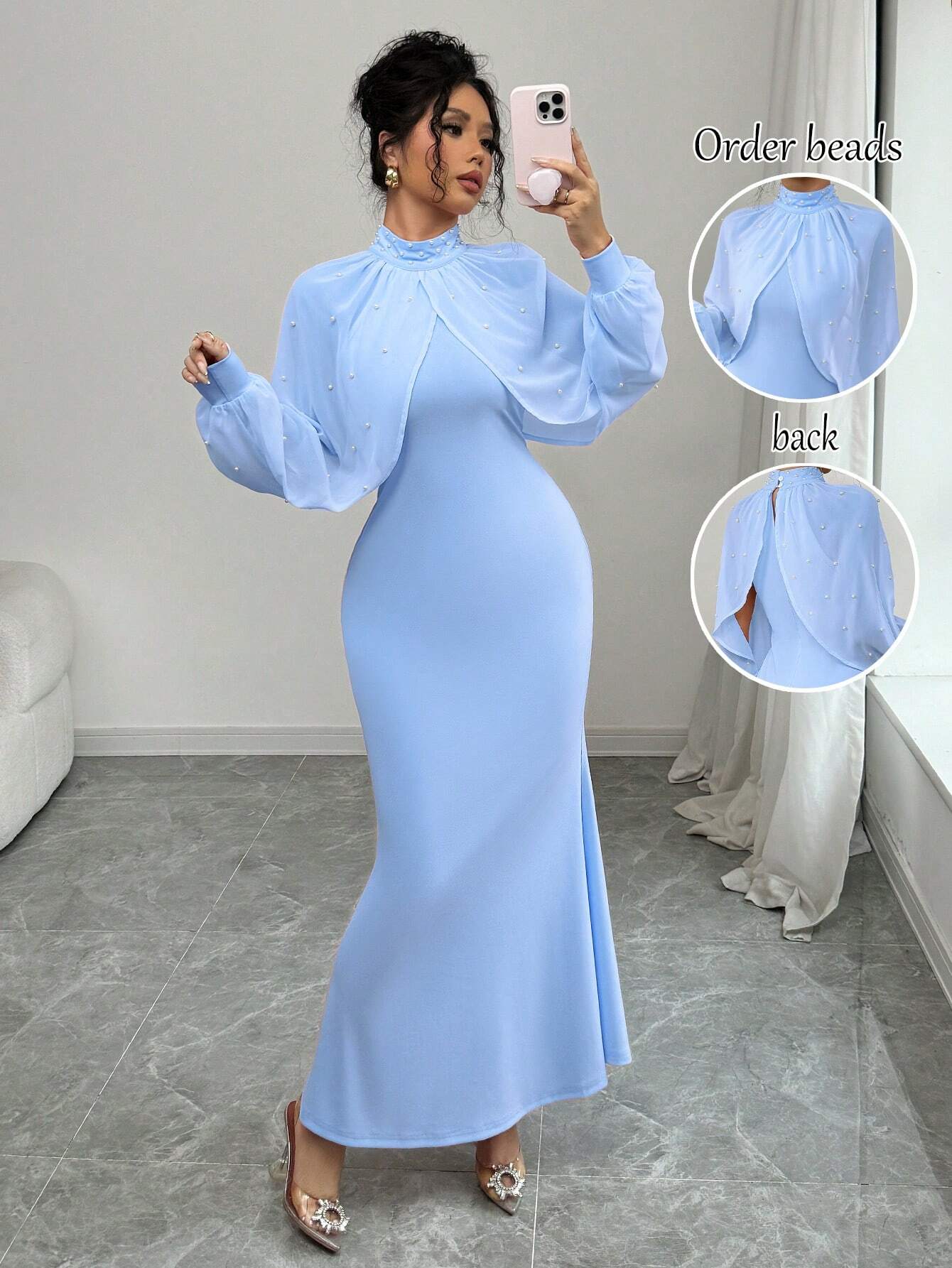 Elenzga Elegant Pearl Beaded Collar Mermaid Dress