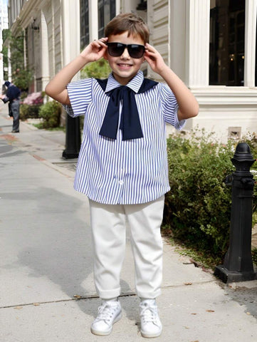 Boys' Long Sleeve Collared Shirt Design With Front Buttons, Matching Longer Pants And Shawl