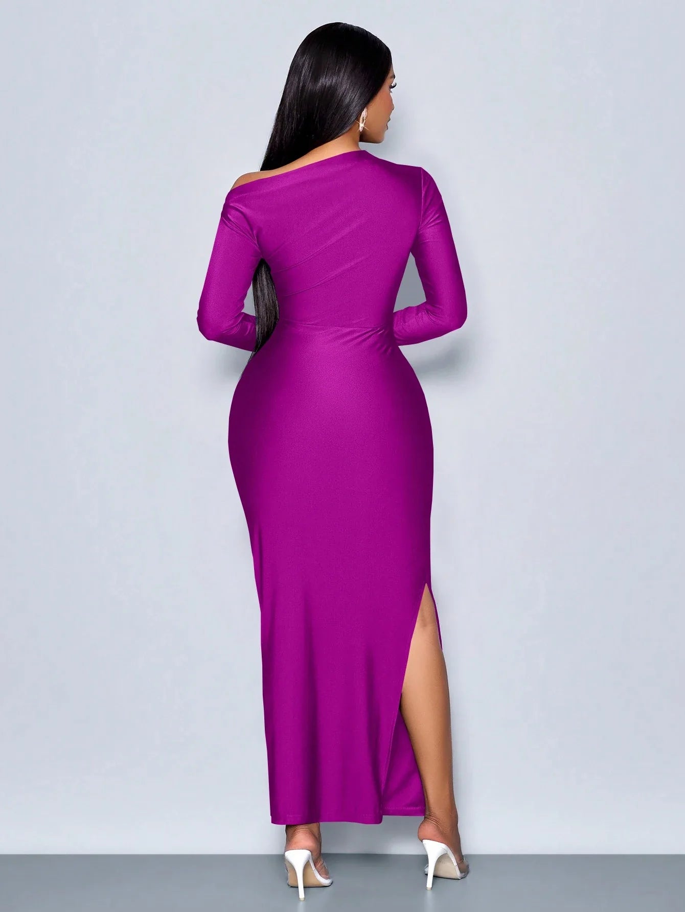 Elegant Asymmetric Neckline Ruched Side Bodycon Dress