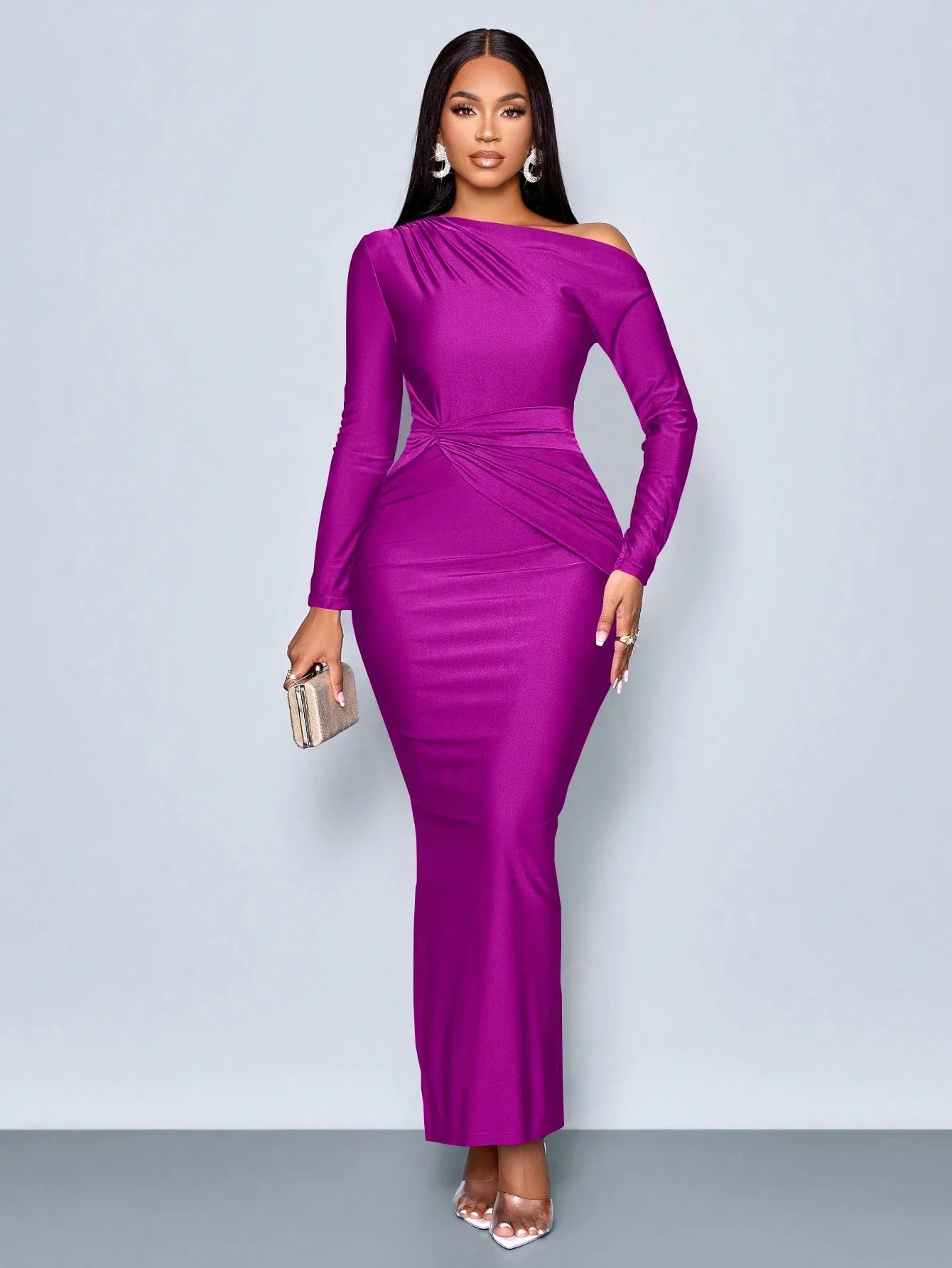 Elegant Asymmetric Neckline Ruched Side Bodycon Dress