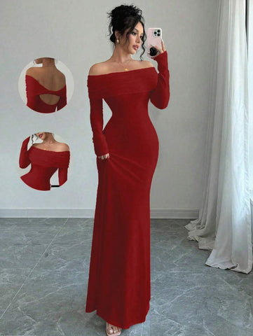 Elegant Fitted Long Sleeve Cinched Waist Double Layer Off-Shoulder Backless Twist Fishtail Hem Ribbed Knit Dress