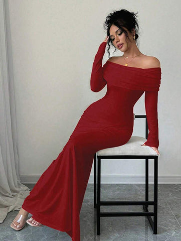Elegant Fitted Long Sleeve Cinched Waist Double Layer Off-Shoulder Backless Twist Fishtail Hem Ribbed Knit Dress