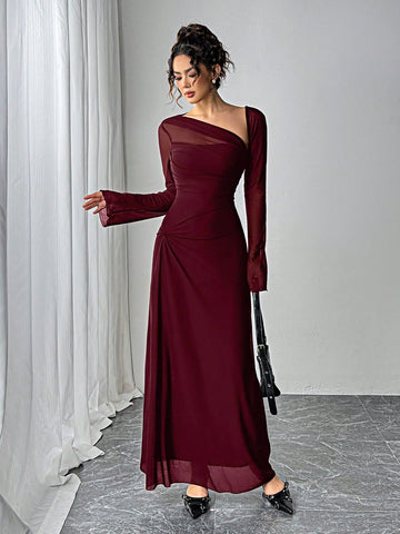 Siren Gaze Women's Solid Color Mesh Patchwork Asymmetrical Collar Long Sleeve Elegant Dress