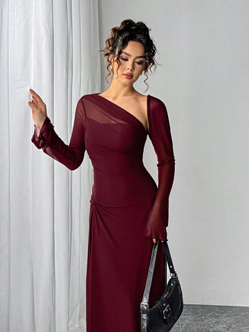 Siren Gaze Women's Solid Color Mesh Patchwork Asymmetrical Collar Long Sleeve Elegant Dress