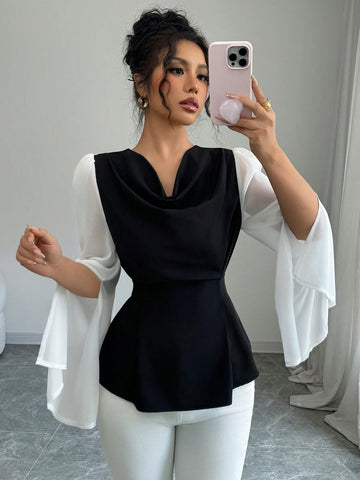 Women's High-Quality Swing Collar Draped Stitching Cinched Waist Chiffon Sheer Split Sleeve Blouse