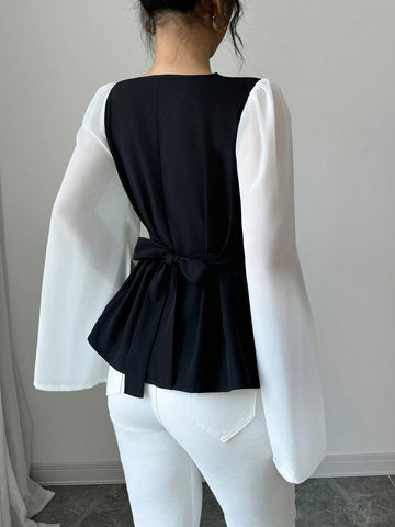 Women's High-Quality Swing Collar Draped Stitching Cinched Waist Chiffon Sheer Split Sleeve Blouse