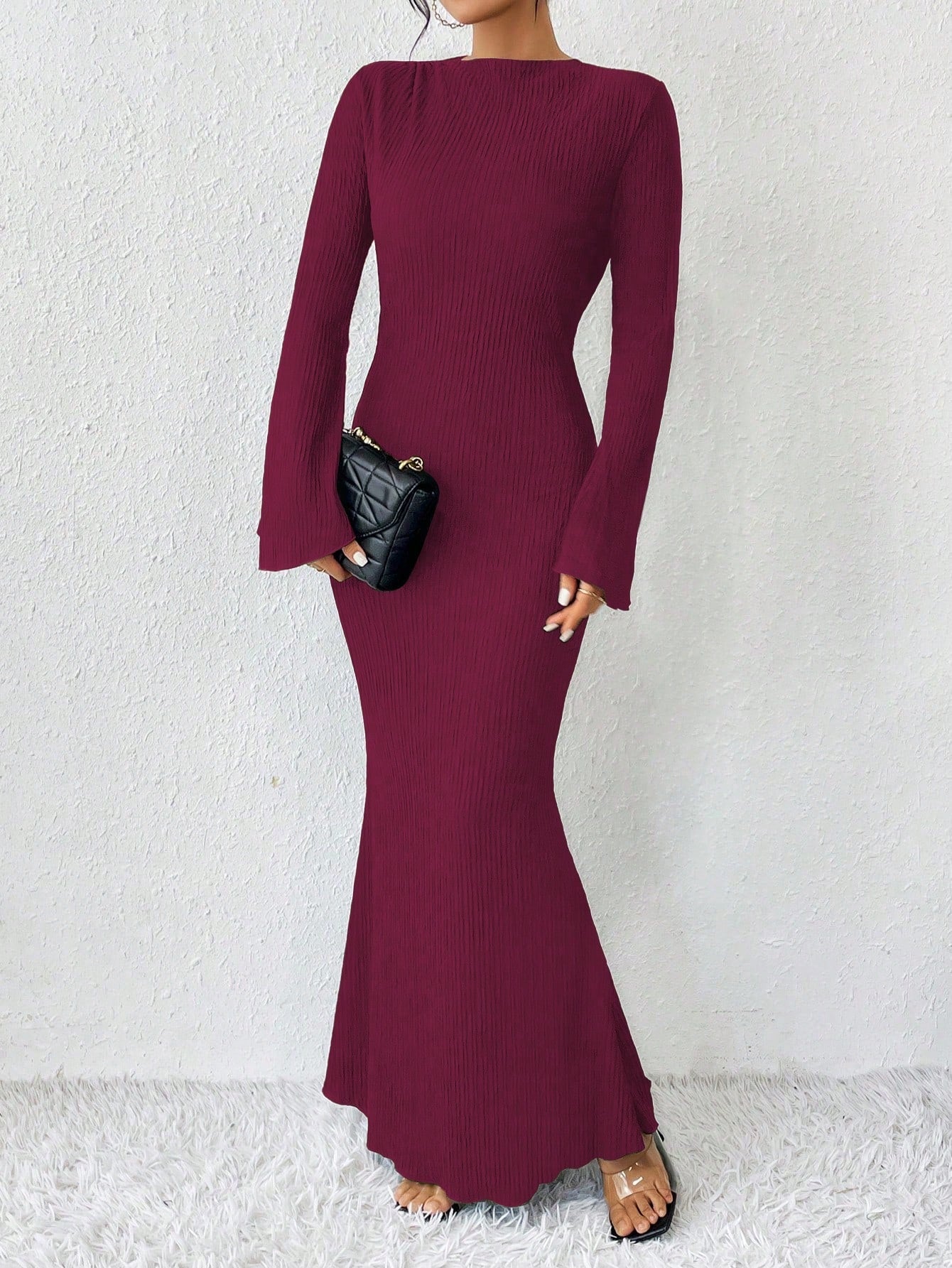 Raffinéa Solid Color Trumpet Sleeve Mermaid Dress
