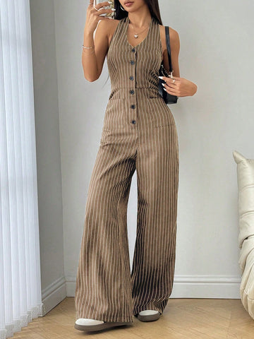 Flirla Striped Print Backless Button Up Casual Sleeveless Jumpsuit