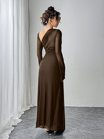 Siren Gaze Women's Solid Color Mesh Patchwork Asymmetrical Collar Long Sleeve Elegant Dress
