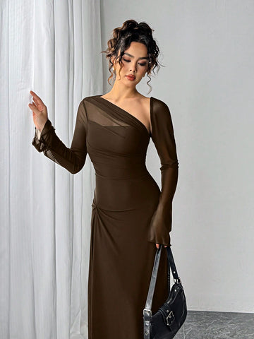 Siren Gaze Women's Solid Color Mesh Patchwork Asymmetrical Collar Long Sleeve Elegant Dress