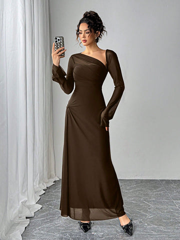 Siren Gaze Women's Solid Color Mesh Patchwork Asymmetrical Collar Long Sleeve Elegant Dress