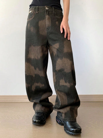 Women's Leopard Print Wide Leg Loose Casual Jeans With Pockets
