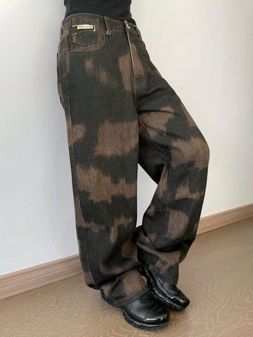 Women's Leopard Print Wide Leg Loose Casual Jeans With Pockets
