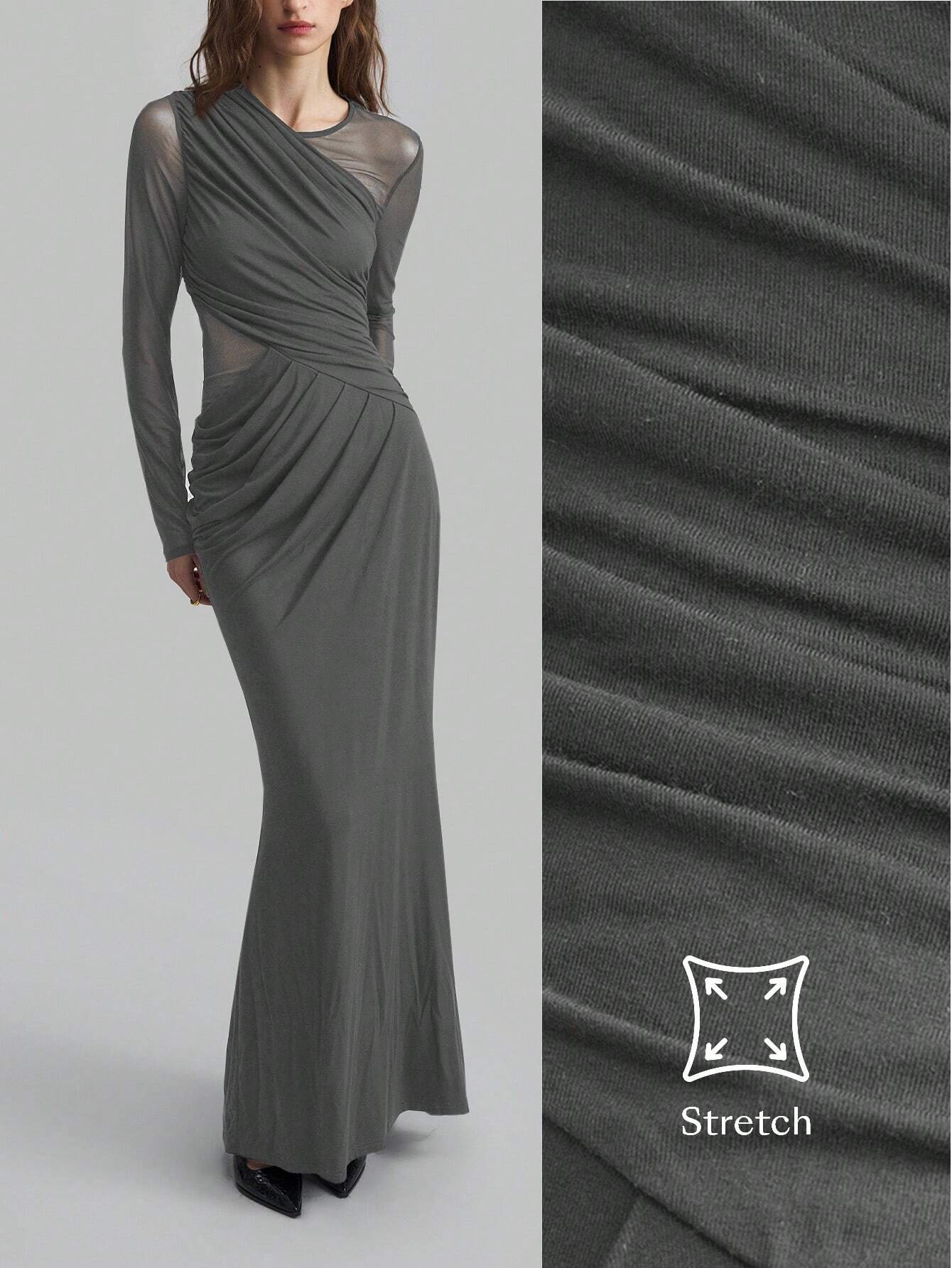 Mesh Splice Ruched Fishtail Extra Long Elegant Dress