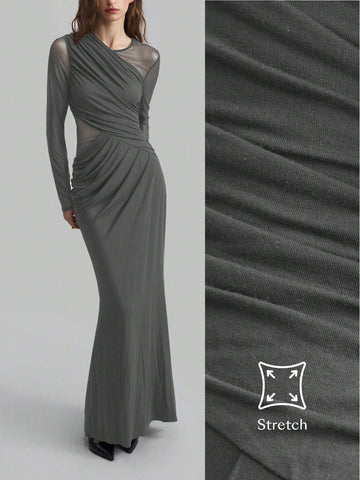 Mesh Splice Ruched Fishtail Extra Long Elegant Dress