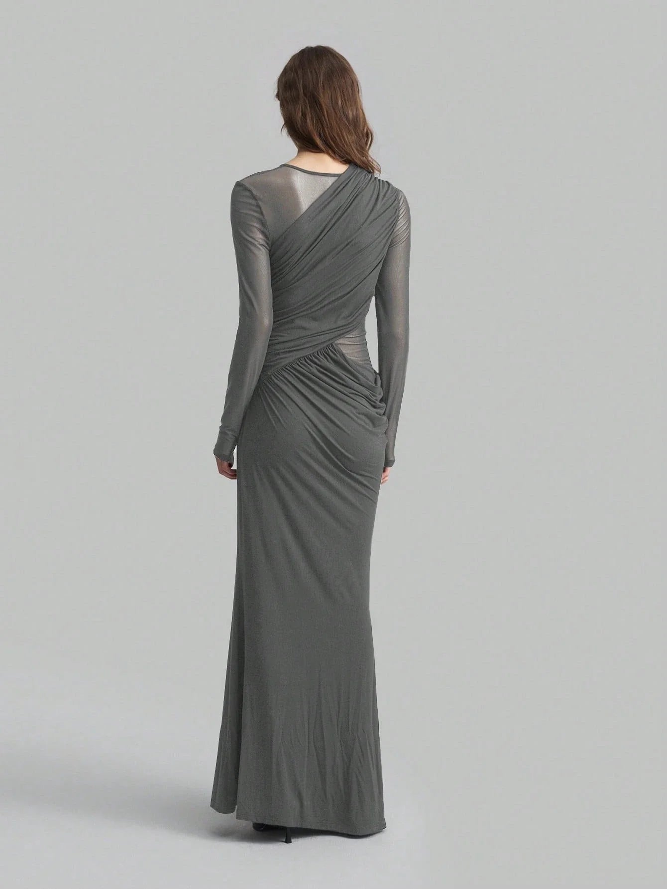 Mesh Splice Ruched Fishtail Extra Long Elegant Dress