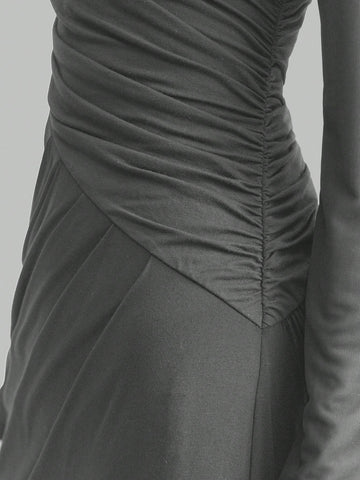 Mesh Splice Ruched Fishtail Extra Long Elegant Dress