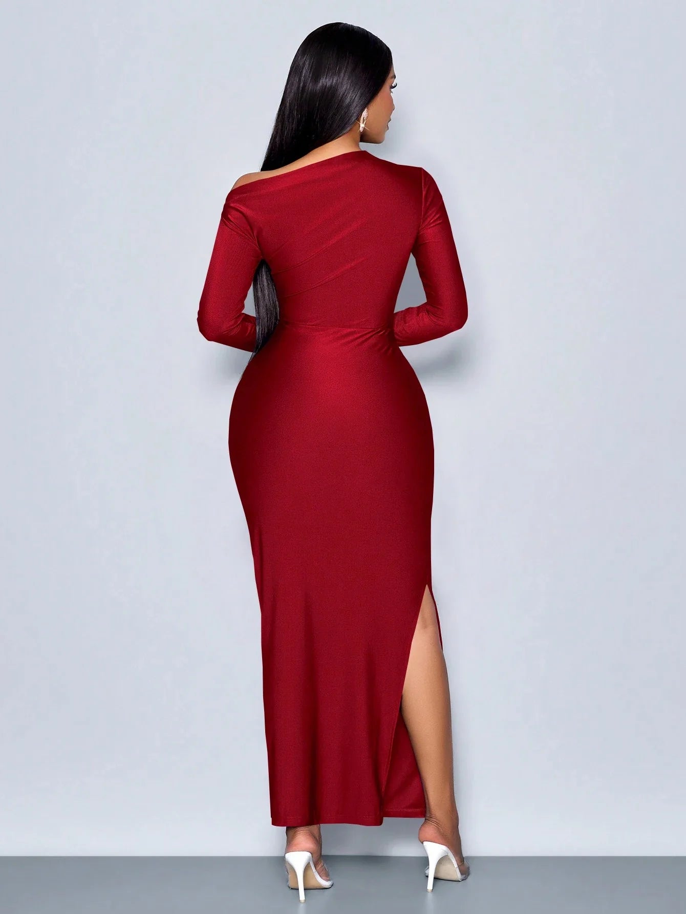 Elegant Asymmetric Neckline Ruched Side Bodycon Dress