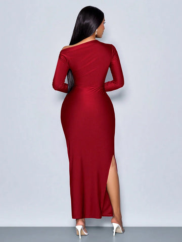 Elegant Asymmetric Neckline Ruched Side Bodycon Dress