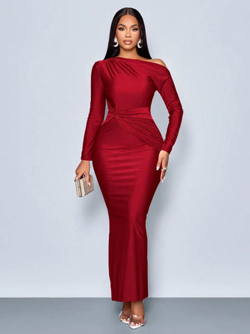 Elegant Asymmetric Neckline Ruched Side Bodycon Dress