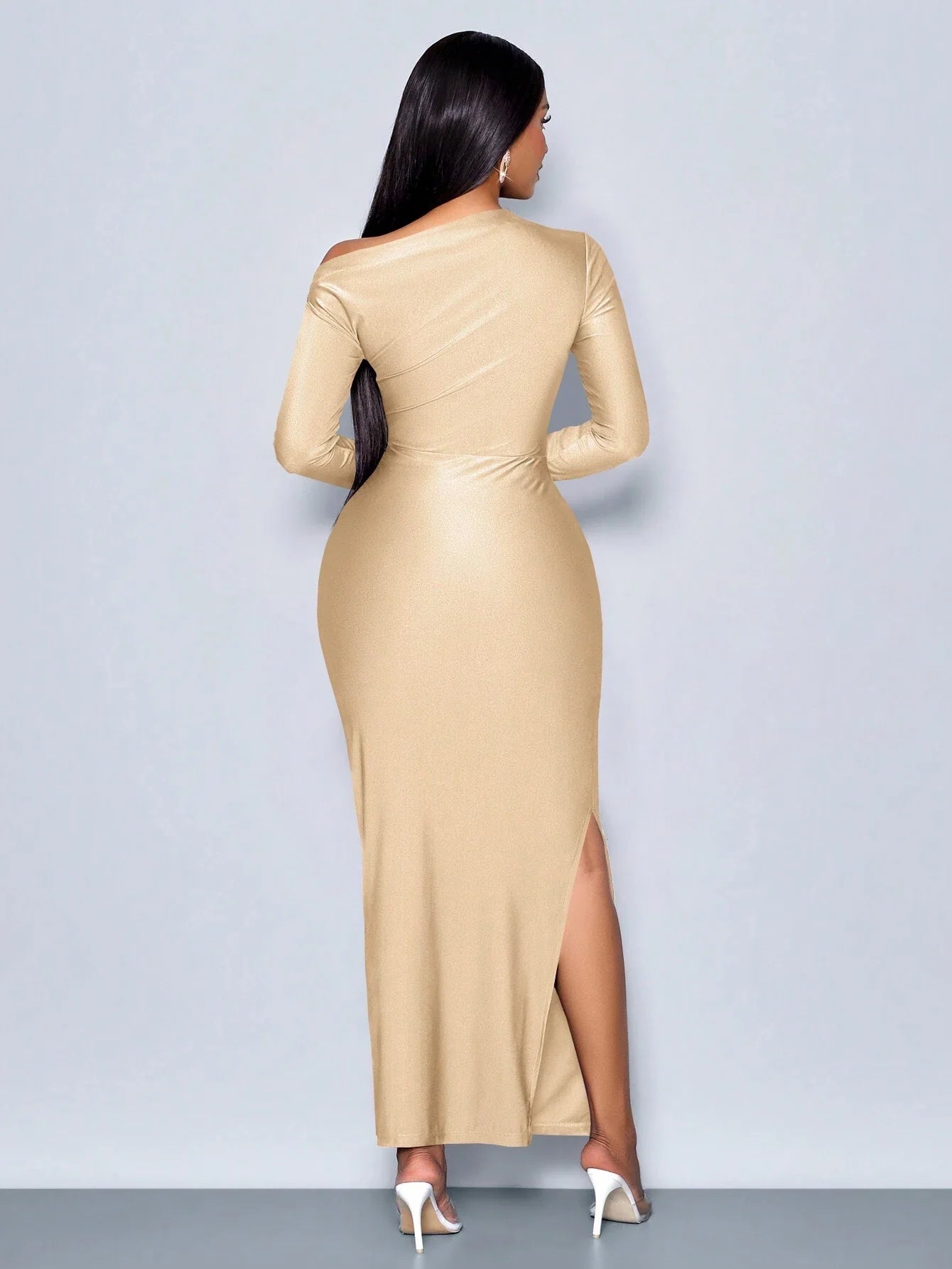 Elegant Asymmetric Neckline Ruched Side Bodycon Dress