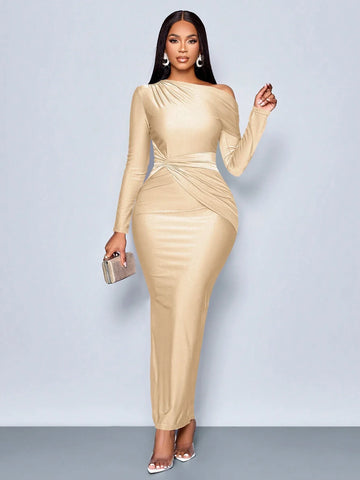 Elegant Asymmetric Neckline Ruched Side Bodycon Dress