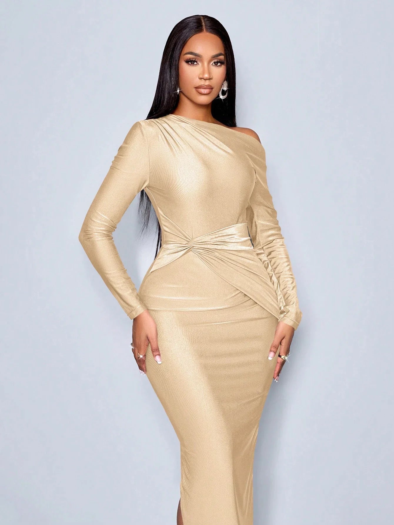 Elegant Asymmetric Neckline Ruched Side Bodycon Dress