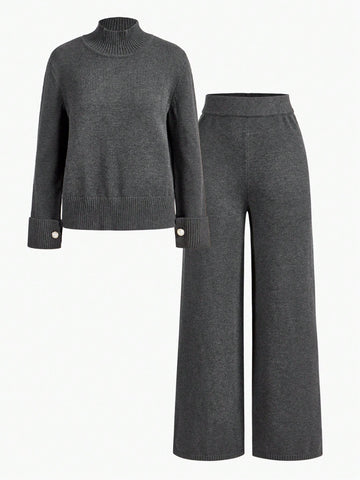 MOTF PREMIUM SOLID DROP SHOULDER OVERSIZE HIGH NECK SWEATER & KNIT PANTS SET