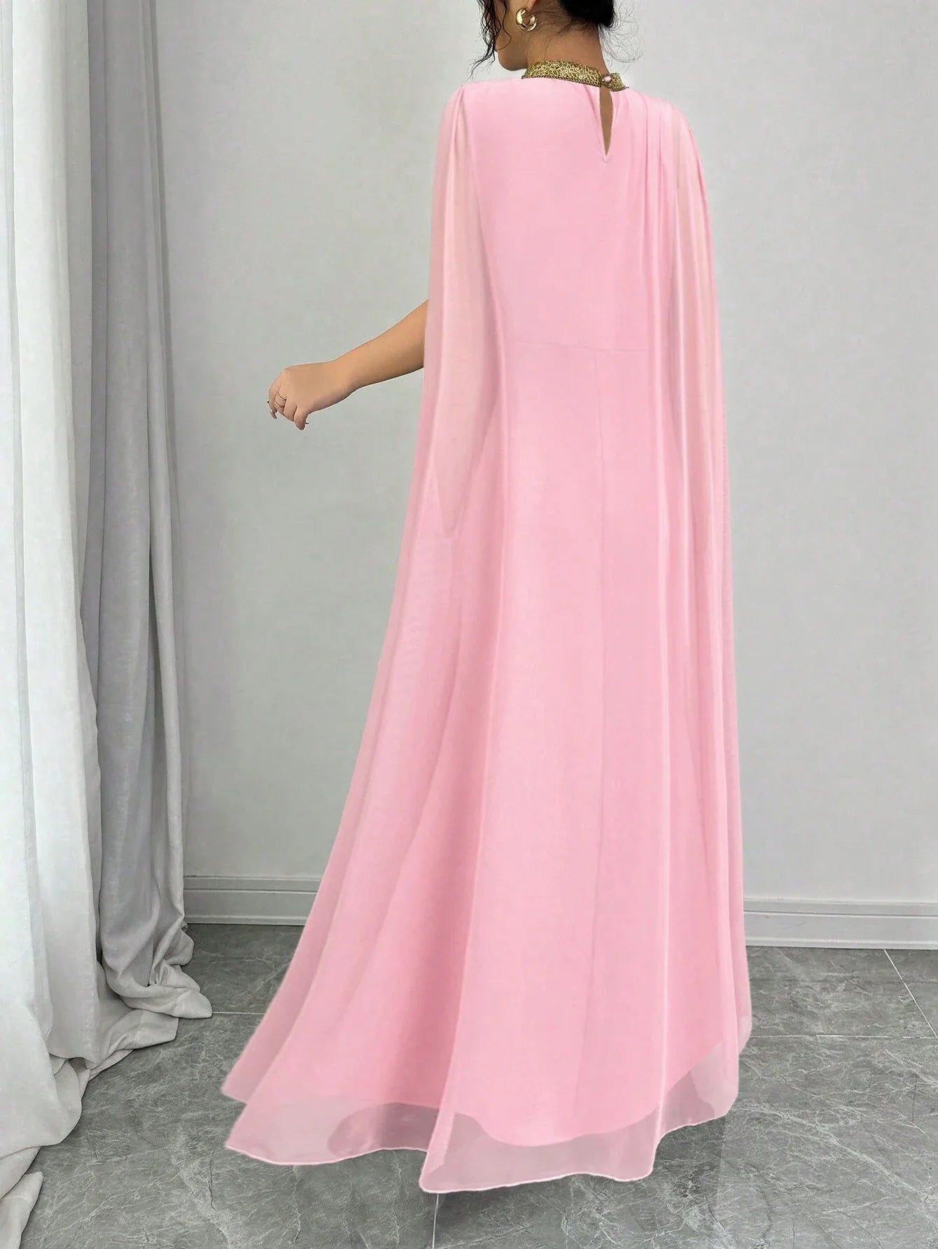 Elenzga Color Block Decor Stand Collar Elegant Batwing Sleeve Mermaid Hem Fashion Dress