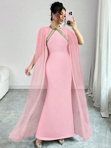 Elenzga Color Block Decor Stand Collar Elegant Batwing Sleeve Mermaid Hem Fashion Dress