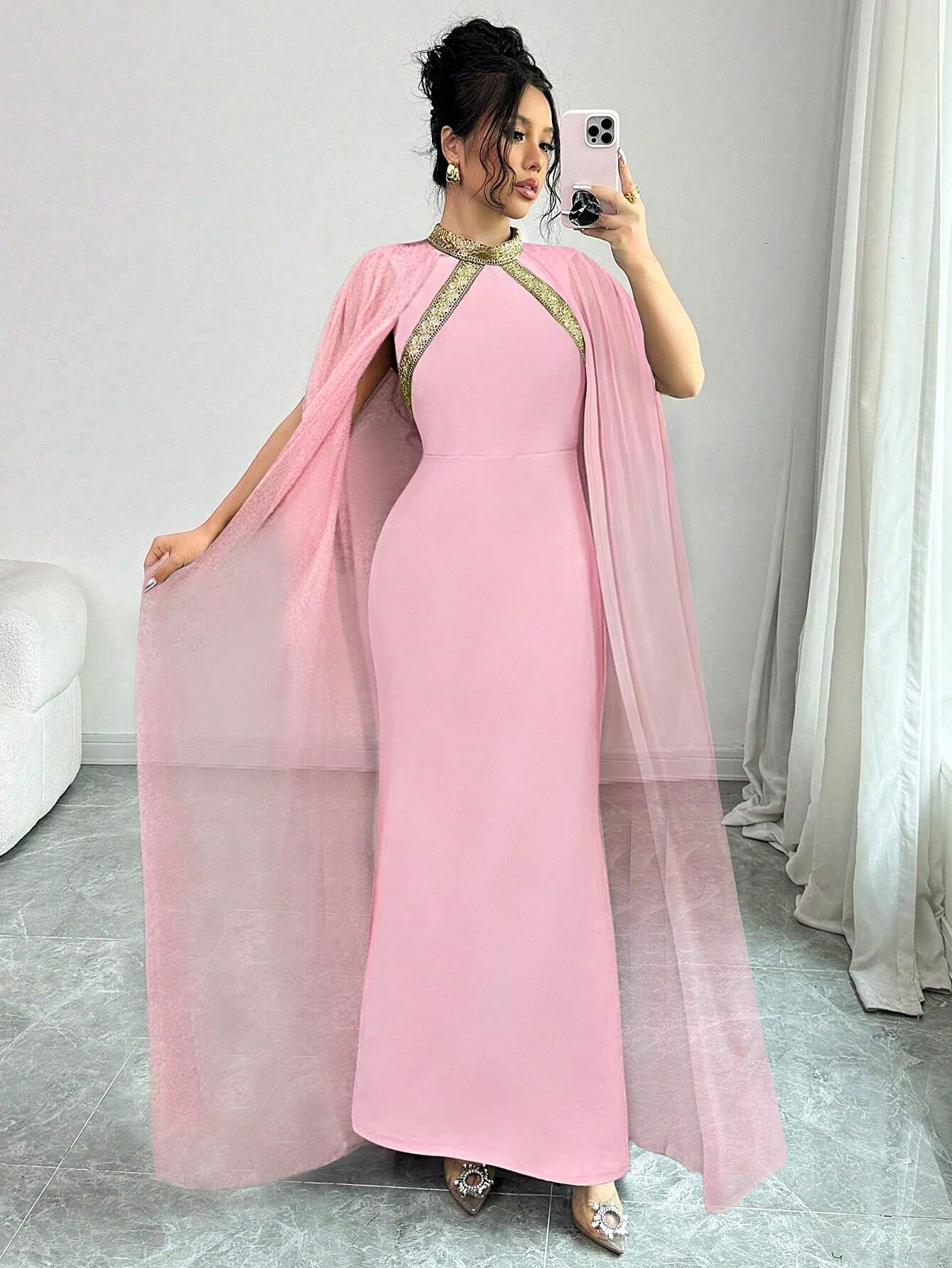 Elenzga Color Block Decor Stand Collar Elegant Batwing Sleeve Mermaid Hem Fashion Dress