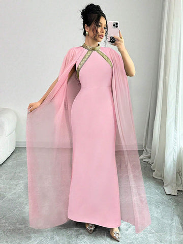 Elenzga Color Block Decor Stand Collar Elegant Batwing Sleeve Mermaid Hem Fashion Dress