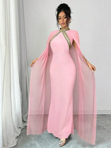 Elenzga Color Block Decor Stand Collar Elegant Batwing Sleeve Mermaid Hem Fashion Dress