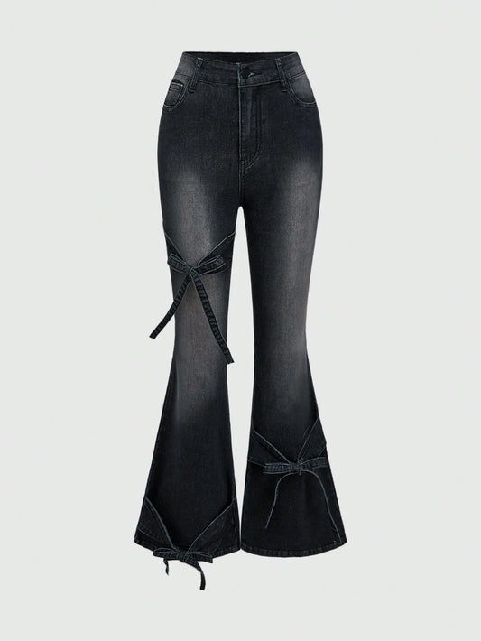 Women's Multi-Layer Tie Strap Vintage Washed Cute Retro Bow Elastic Flare Jeans