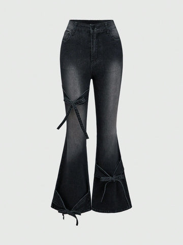 Women's Multi-Layer Tie Strap Vintage Washed Cute Retro Bow Elastic Flare Jeans