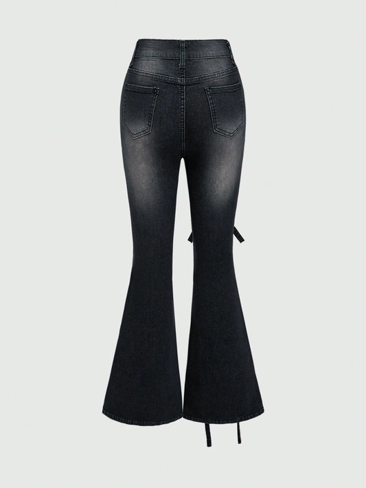 Women's Multi-Layer Tie Strap Vintage Washed Cute Retro Bow Elastic Flare Jeans