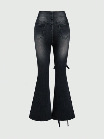 Women's Multi-Layer Tie Strap Vintage Washed Cute Retro Bow Elastic Flare Jeans