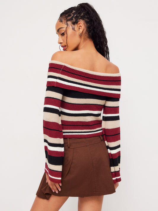 Knit Off-shoulder Striped Long Sleeve Crop Top