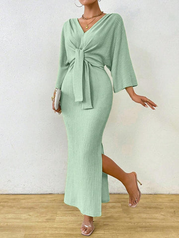 Clasi 1pc Women Plain Color Long Sleeve Front Tie Slit Simple Casual Dress