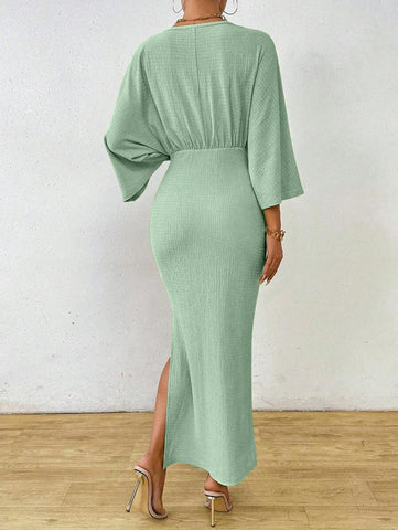 Clasi 1pc Women Plain Color Long Sleeve Front Tie Slit Simple Casual Dress