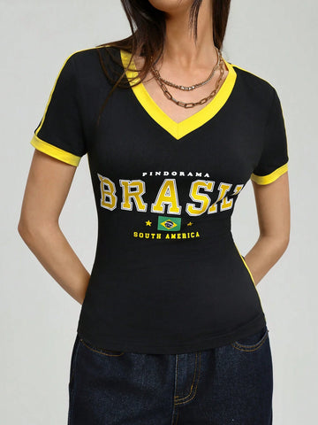 Women Casual Sports V-Neck Brazilian Color Blocking Short Sleeve T-Shirt
