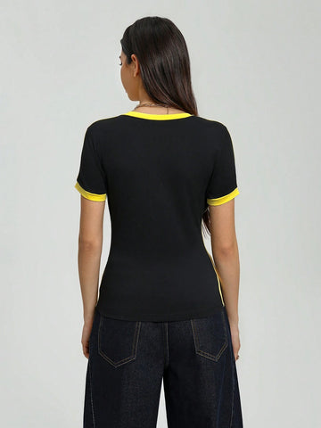 Women Casual Sports V-Neck Brazilian Color Blocking Short Sleeve T-Shirt