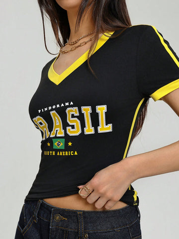 Women Casual Sports V-Neck Brazilian Color Blocking Short Sleeve T-Shirt