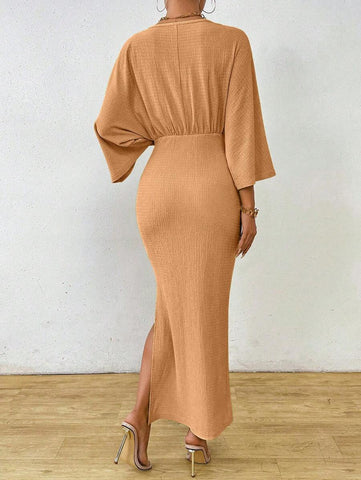 Clasi 1pc Women Plain Color Long Sleeve Front Tie Slit Simple Casual Dress